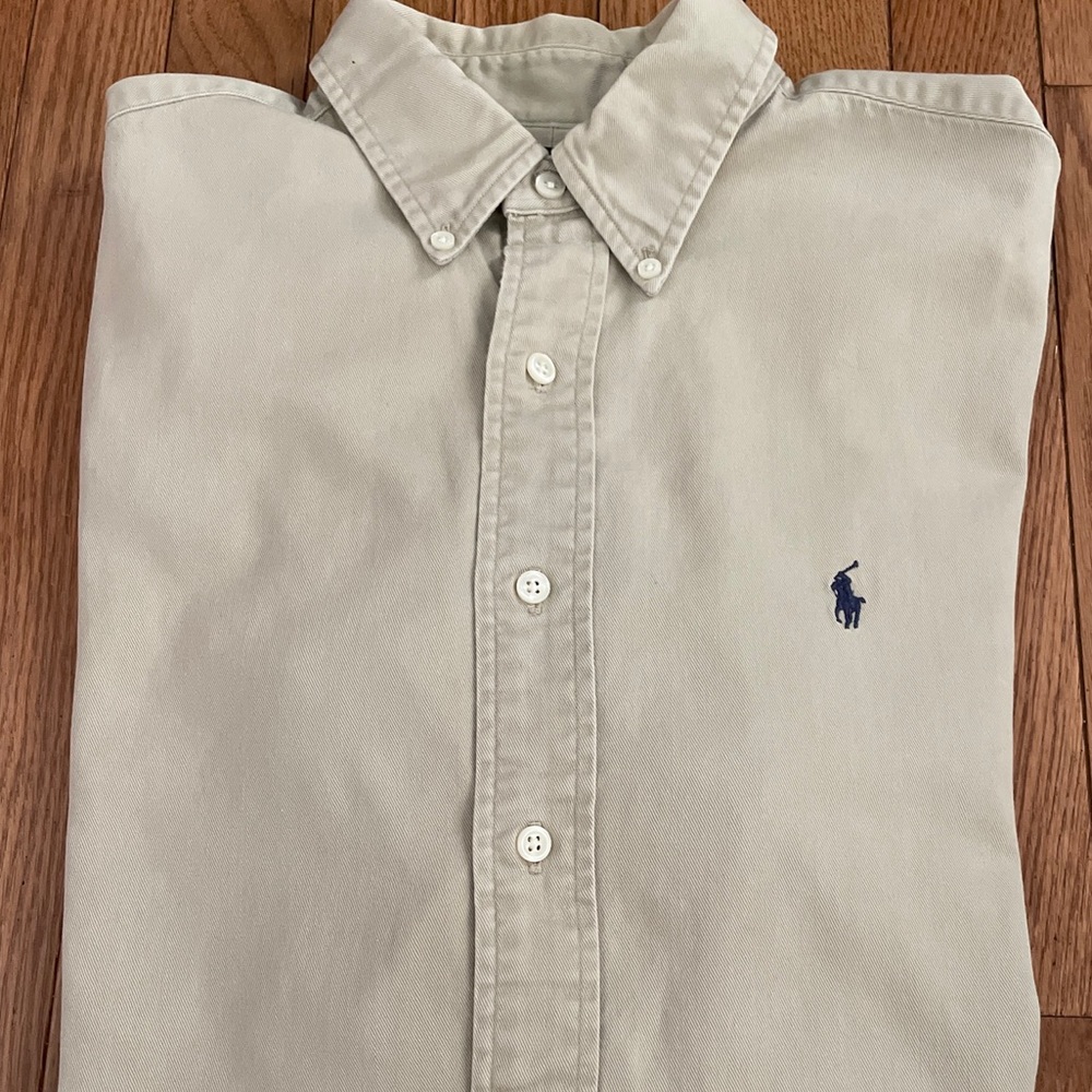 Vintage Ralph Lauren Button Down Collar LongSleeve Shirt Size Large Khaki Cotton